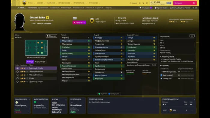 Τα στατιστικά των μεταγραφών της ΑΕΚ στο Football Manager 27
